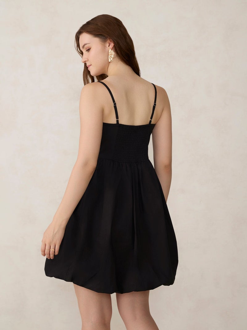 OUTZIDR Black Solid Bubble Hem Mini Dress - Image 2